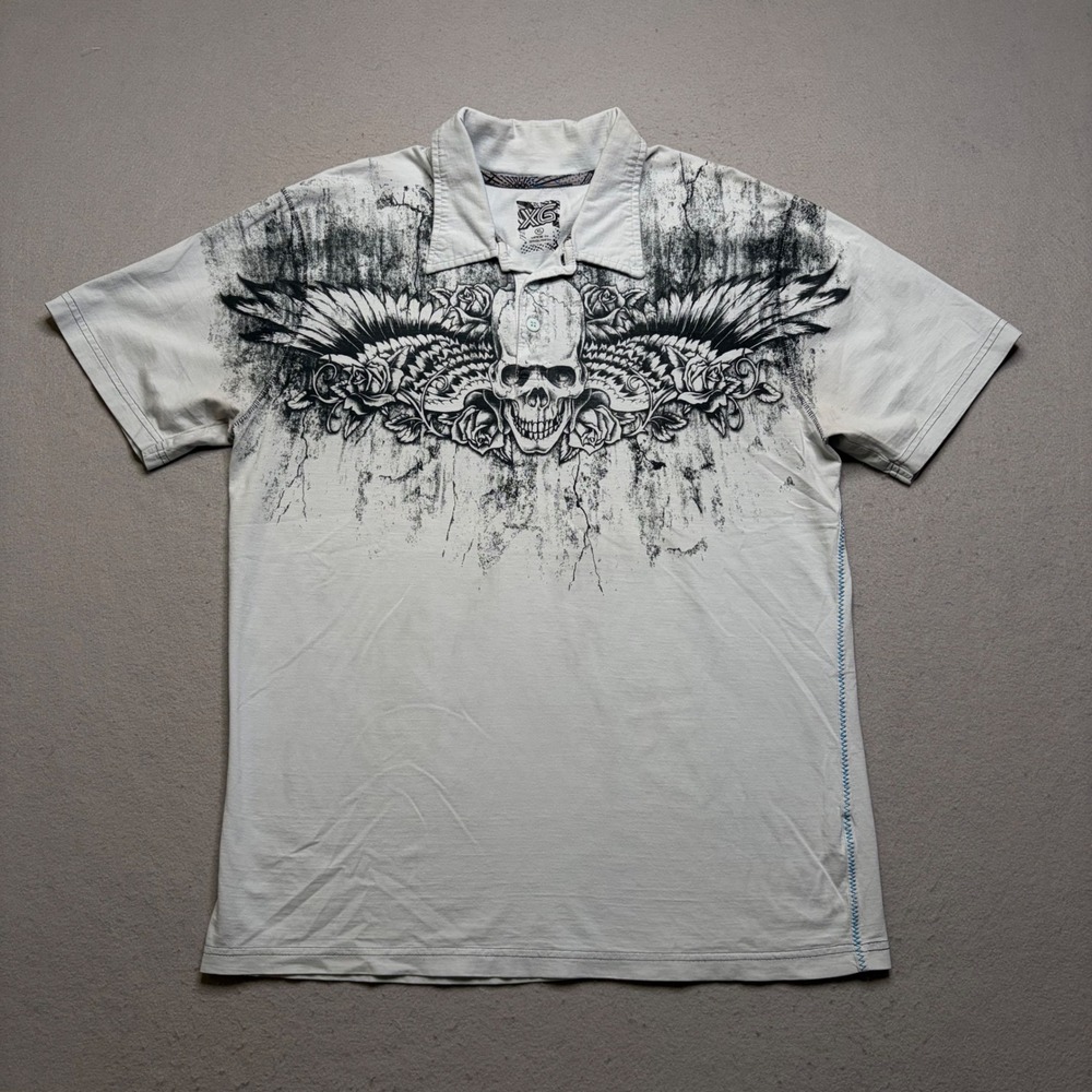 XG Polo Shirt Mens XL White Skull Wing Graphic Y2K Grunge Short Sleeve